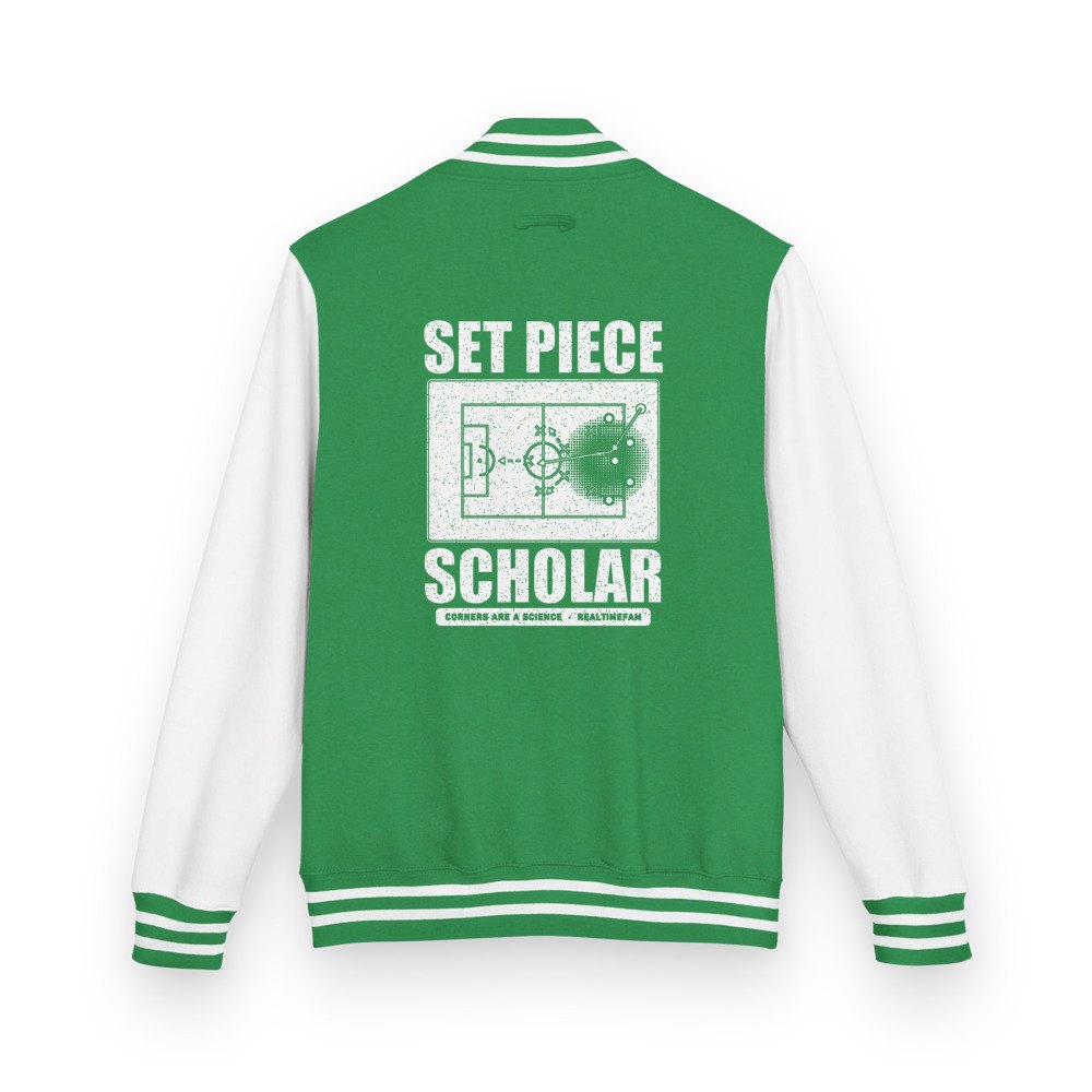 RealTimeFam Set Piece Scholar Varsity Jacket in Kelly Green/Arctic White